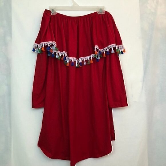 SOL R.H.R Solid Bright Red Fringe Tassel Trim Off the Shoulder Boho Blouse Top S - Picture 5 of 6